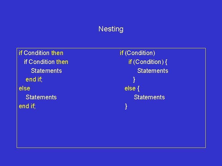 Nesting if Condition then Statements end if; else Statements end if; if (Condition) {