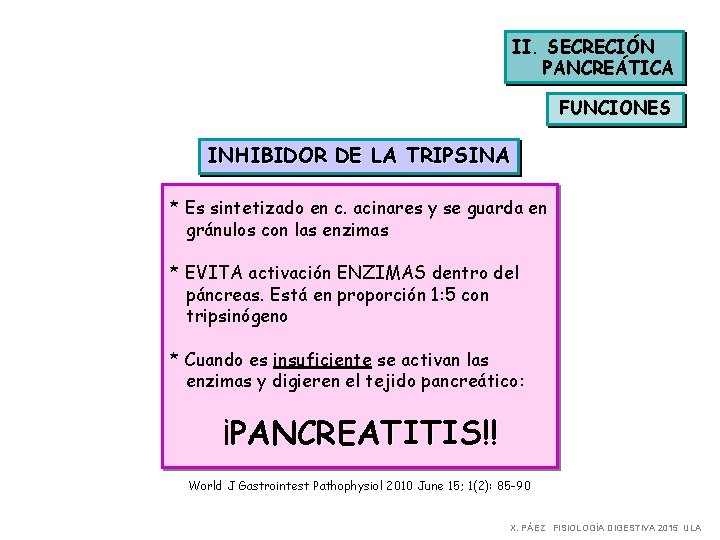 II. SECRECIÓN PANCREÁTICA FUNCIONES INHIBIDOR DE LA TRIPSINA * Es sintetizado en c. acinares