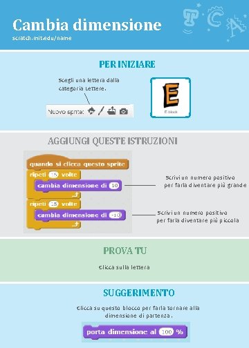 Cambia dimensione scratch. mit. edu/name PER INIZIARE Scegli una lettera dalla categoria Lettere. AGGIUNGI