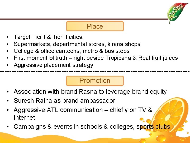 Place • • • Target Tier I & Tier II cities. Supermarkets, departmental stores,