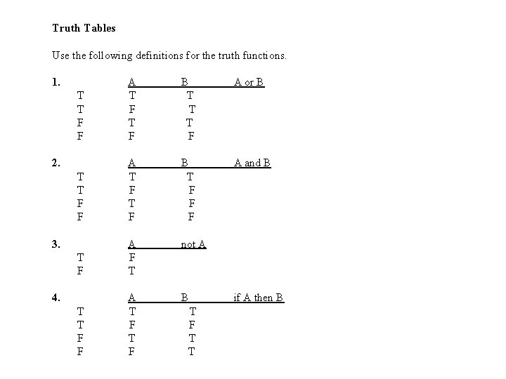 Truth Tables Use the following definitions for the truth functions. 1. A B A