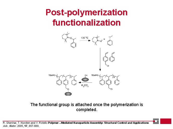 Post-polymerization functionalization The functional group is attached once the polymerization is completed. R. Shenhar,