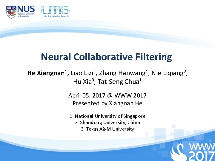 Neural Collaborative Filtering He Xiangnan 1, Liao Lizi 1, Zhang Hanwang 1, Nie Liqiang