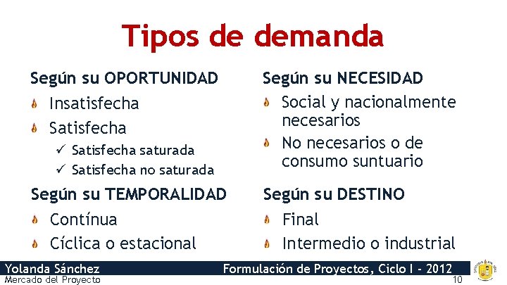 Tipos de demanda Según su OPORTUNIDAD Insatisfecha Según su NECESIDAD Social y nacionalmente necesarios