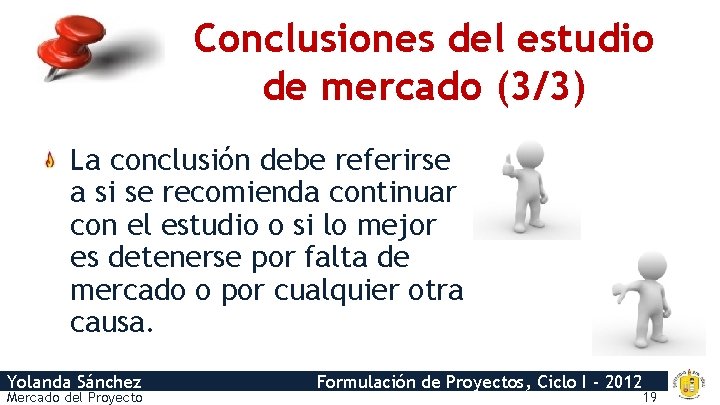 Conclusiones del estudio de mercado (3/3) La conclusión debe referirse a si se recomienda
