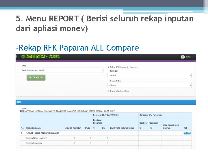 5. Menu REPORT ( Berisi seluruh rekap inputan dari apliasi monev) -Rekap RFK Paparan