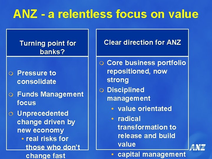 ANZ - a relentless focus on value Turning point for banks? Clear direction for