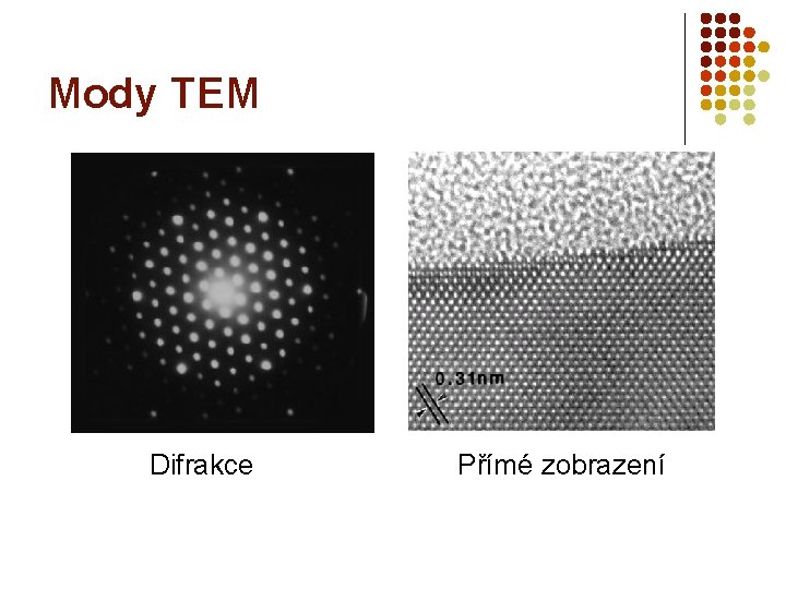 Mody TEM Difrakce Přímé zobrazení 