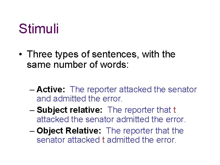 Stimuli • Three types of sentences, with the same number of words: – Active: Stimuli • Three types of sentences, with the same number of words: – Active: