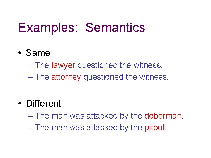 Examples: Semantics • Same – The lawyer questioned the witness. – The attorney questioned Examples: Semantics • Same – The lawyer questioned the witness. – The attorney questioned