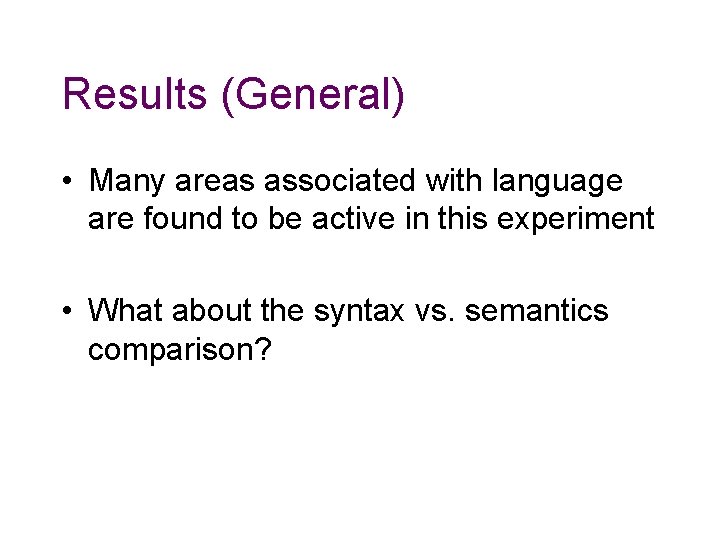 Results (General) • Many areas associated with language are found to be active in Results (General) • Many areas associated with language are found to be active in