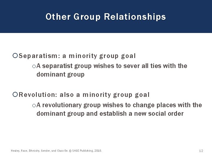 Other Group Relationships Separatism: a minority group goal o. A separatist group wishes to Other Group Relationships Separatism: a minority group goal o. A separatist group wishes to