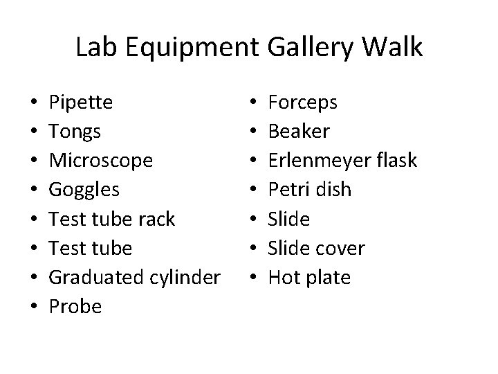 Lab Equipment Gallery Walk • • Pipette Tongs Microscope Goggles Test tube rack Test