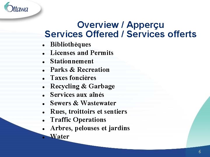 Overview / Apperçu Services Offered / Services offerts l l l Bibliothèques Licenses and Overview / Apperçu Services Offered / Services offerts l l l Bibliothèques Licenses and