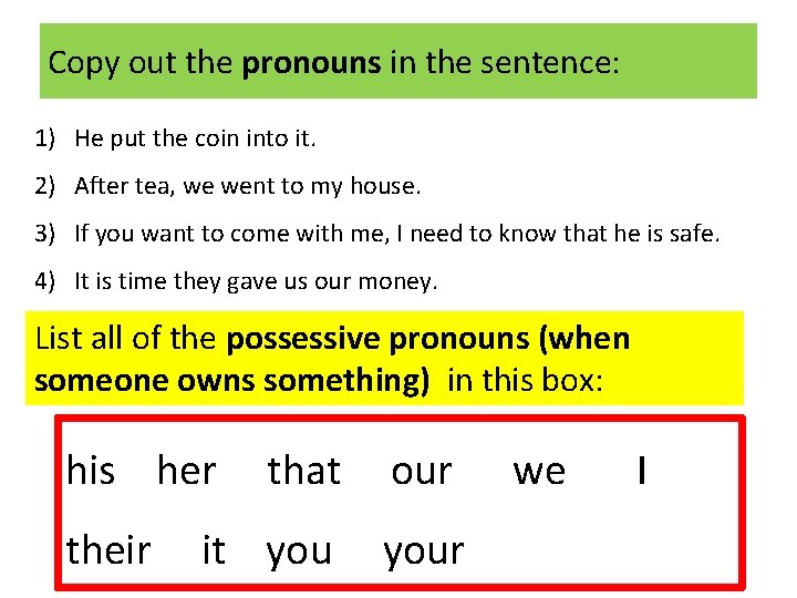 Copy out the pronouns in the sentence: 1) He put the coin into it.