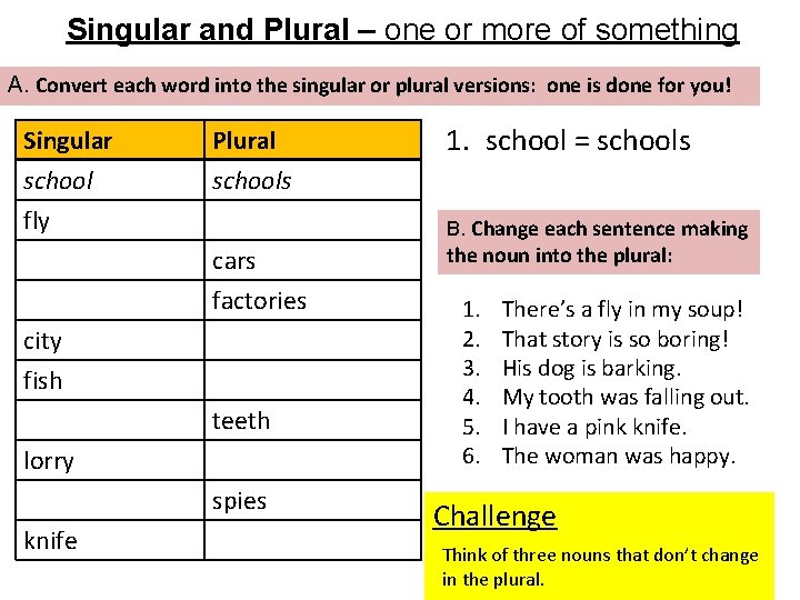 Singular and Plural – one or more of something A. Convert each word into