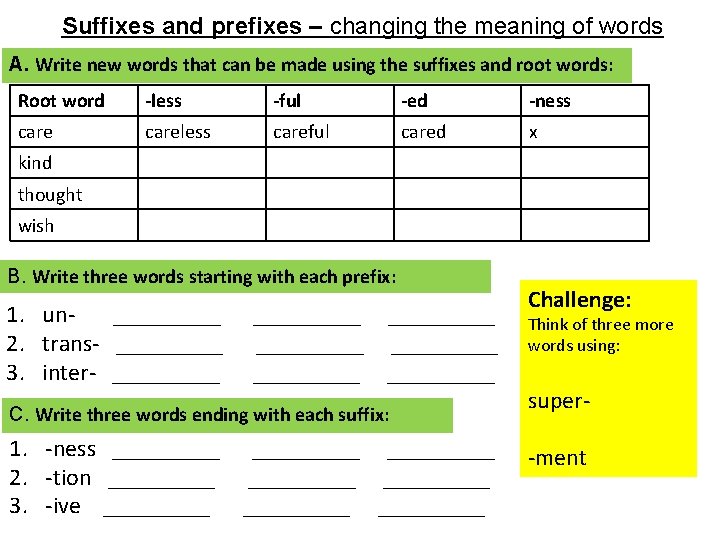 Suffixes and prefixes – changing the meaning of words A. Write new words that