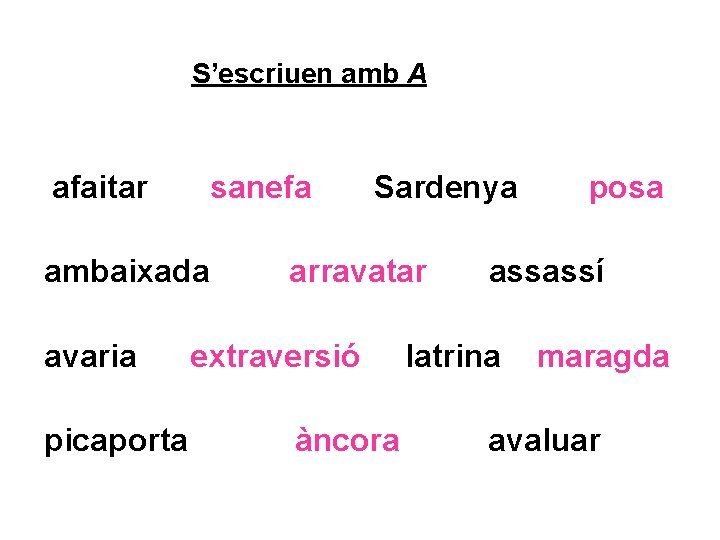 S’escriuen amb A afaitar sanefa ambaixada avaria picaporta Sardenya arravatar extraversió àncora posa assassí