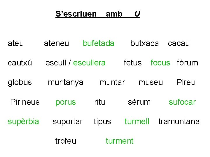 S’escriuen amb ateu ateneu cautxú escull / escullera globus muntanya Pirineus porus supèrbia suportar