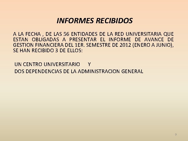 INFORMES RECIBIDOS A LA FECHA , DE LAS 56 ENTIDADES DE LA RED UNIVERSITARIA