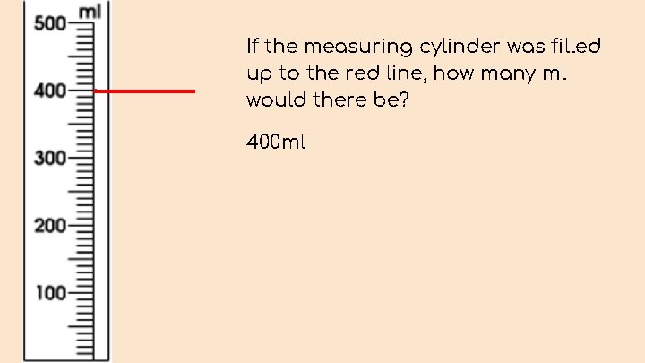If the measuring cylinder was filled up to the red line, how many ml