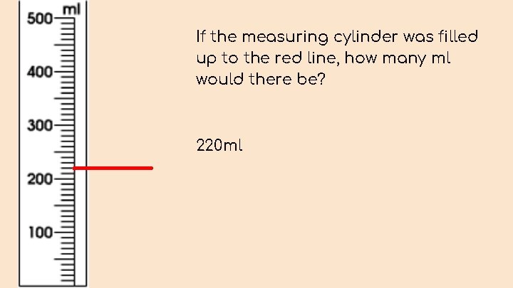 If the measuring cylinder was filled up to the red line, how many ml