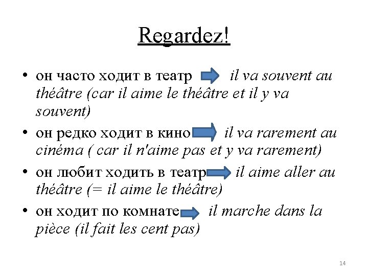 Regardez! • он часто ходит в театр il va souvent au théâtre (car il
