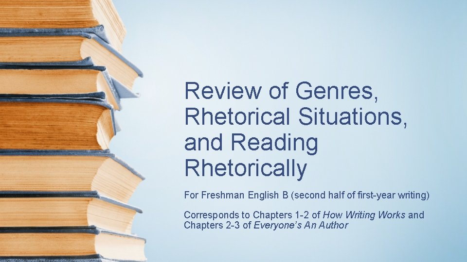 Review of Genres, Rhetorical Situations, and Reading Rhetorically For Freshman English B (second half