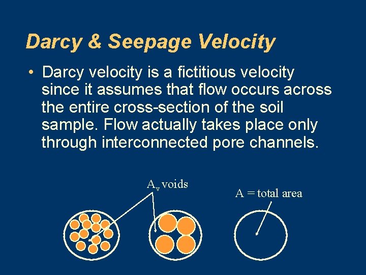Darcy & Seepage Velocity • Darcy velocity is a fictitious velocity since it assumes