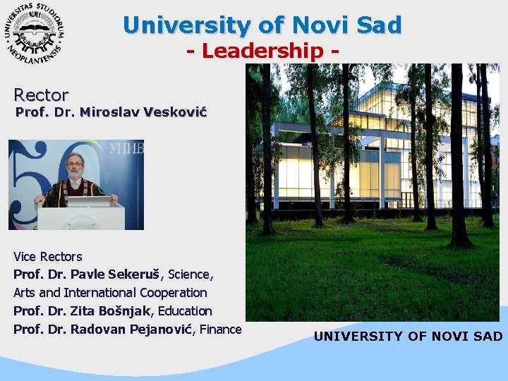 University of Novi Sad - Leadership - Rector Prof. Dr. Miroslav Vesković Vice Rectors
