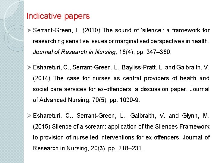 Indicative papers Ø Serrant-Green, L. (2010) The sound of ‘silence’: a framework for researching