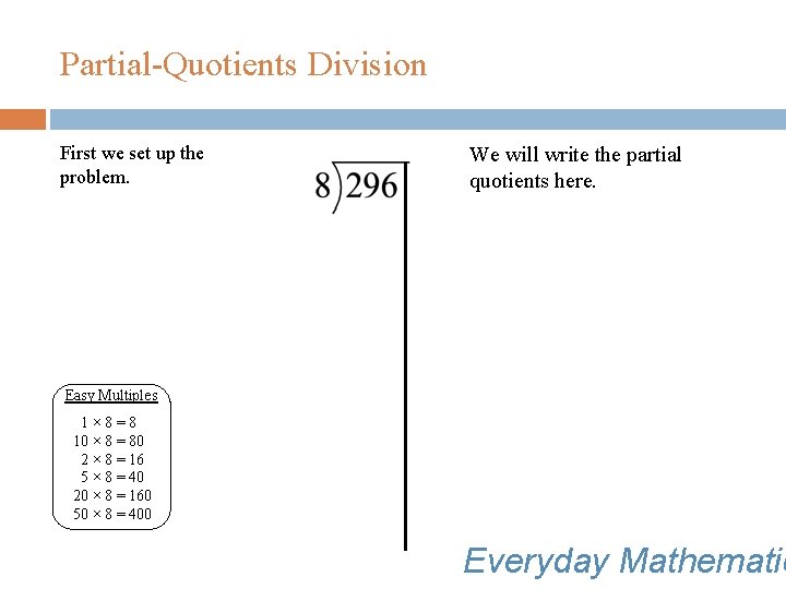 Partial-Quotients Division First we set up the problem. We will write the partial quotients