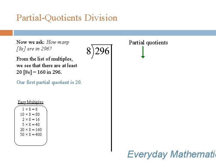 Partial-Quotients Division Now we ask: How many [8 s] are in 296? Partial quotients