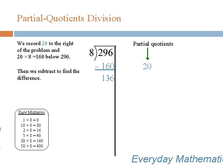 Partial-Quotients Division We record 20 to the right of the problem and 20 ×