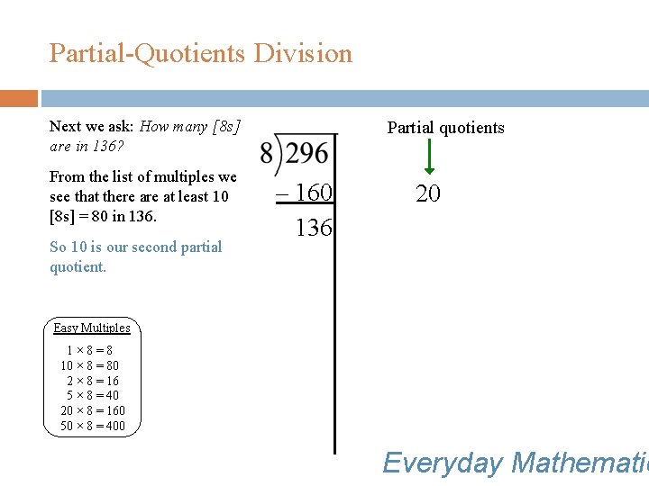 Partial-Quotients Division Next we ask: How many [8 s] are in 136? From the