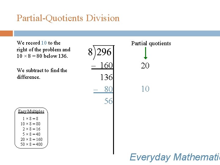 Partial-Quotients Division We record 10 to the right of the problem and 10 ×