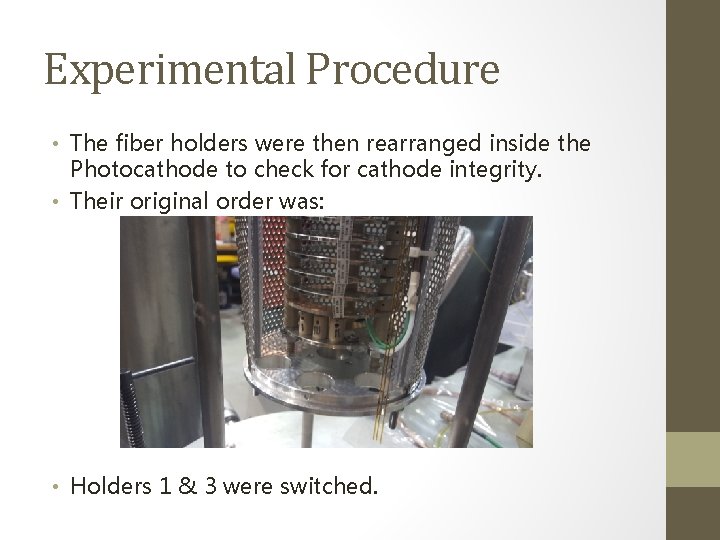 Experimental Procedure • The fiber holders were then rearranged inside the Photocathode to check
