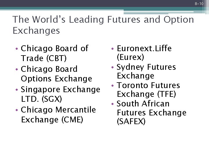 8 -10 The World’s Leading Futures and Option Exchanges • Chicago Board of Trade