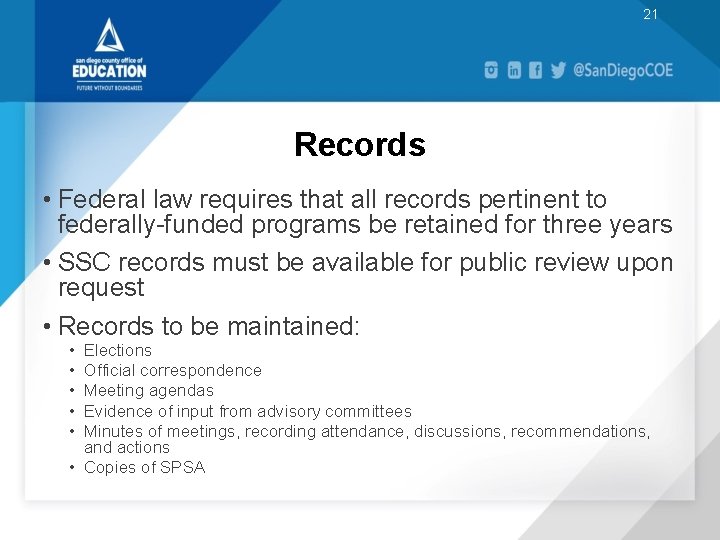 21 Records • Federal law requires that all records pertinent to federally-funded programs be