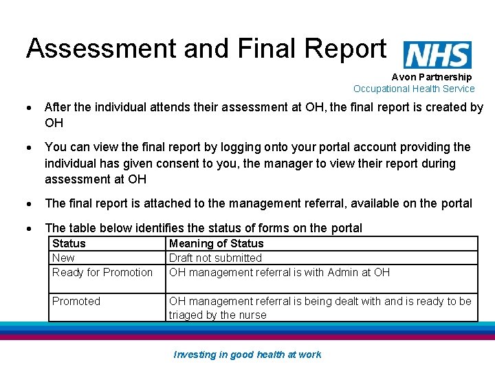 Assessment and Final Report Avon Partnership Occupational Health Service After the individual attends their Assessment and Final Report Avon Partnership Occupational Health Service After the individual attends their