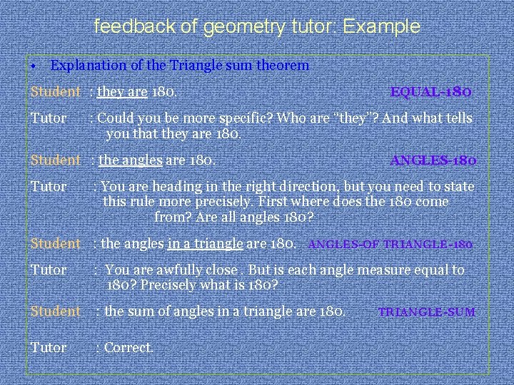 feedback of geometry tutor: Example • Explanation of the Triangle sum theorem Student :