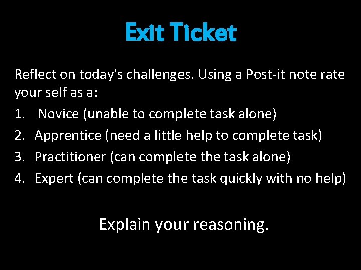 Exit Ticket Reflect on today's challenges. Using a Post-it note rate your self as