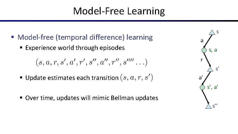 Model-Free Learning § Model-free (temporal difference) learning § Experience world through episodes s a