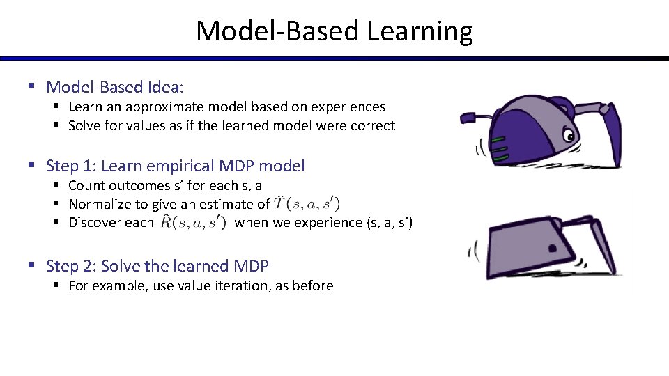 Model-Based Learning § Model-Based Idea: § Learn an approximate model based on experiences §