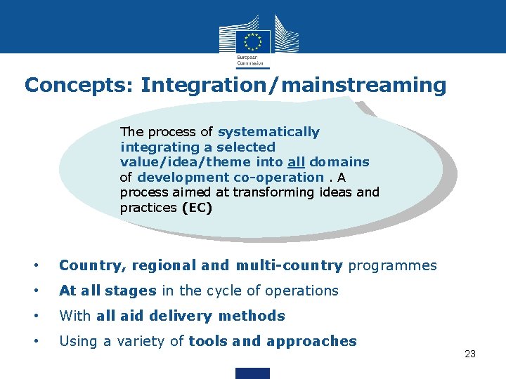 Concepts: Integration/mainstreaming The process of systematically integrating a selected value/idea/theme into all domains of