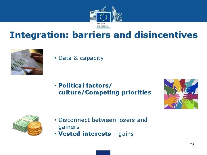 Integration: barriers and disincentives • Data & capacity • Political factors/ culture/Competing priorities •