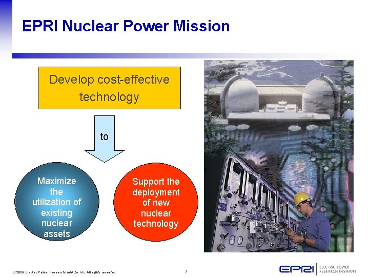 EPRI Nuclear Power Mission Develop cost-effective technology to Maximize the utilization of existing nuclear