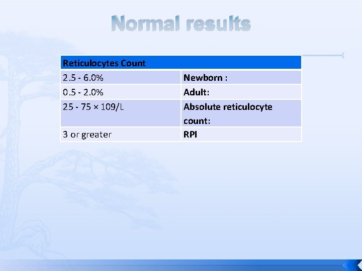 Normal results Reticulocytes Count 2. 5 - 6. 0% 0. 5 - 2. 0%