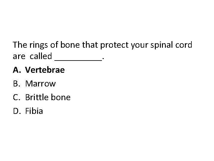 The rings of bone that protect your spinal cord are called _____. A. Vertebrae