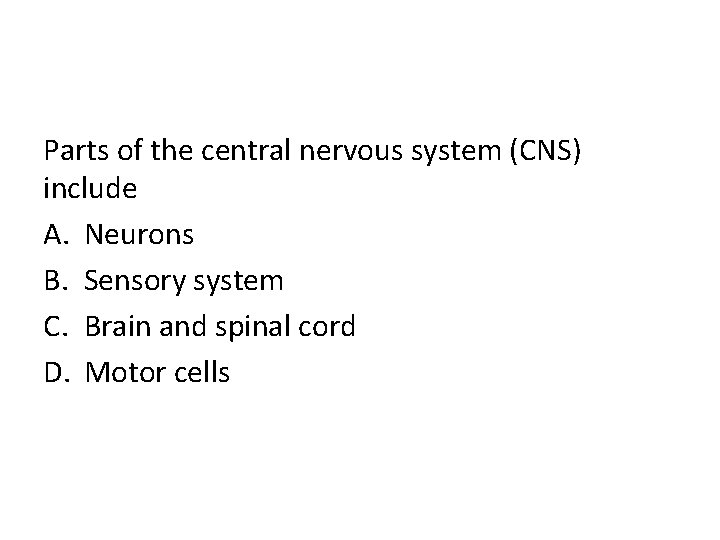 Parts of the central nervous system (CNS) include A. Neurons B. Sensory system C.